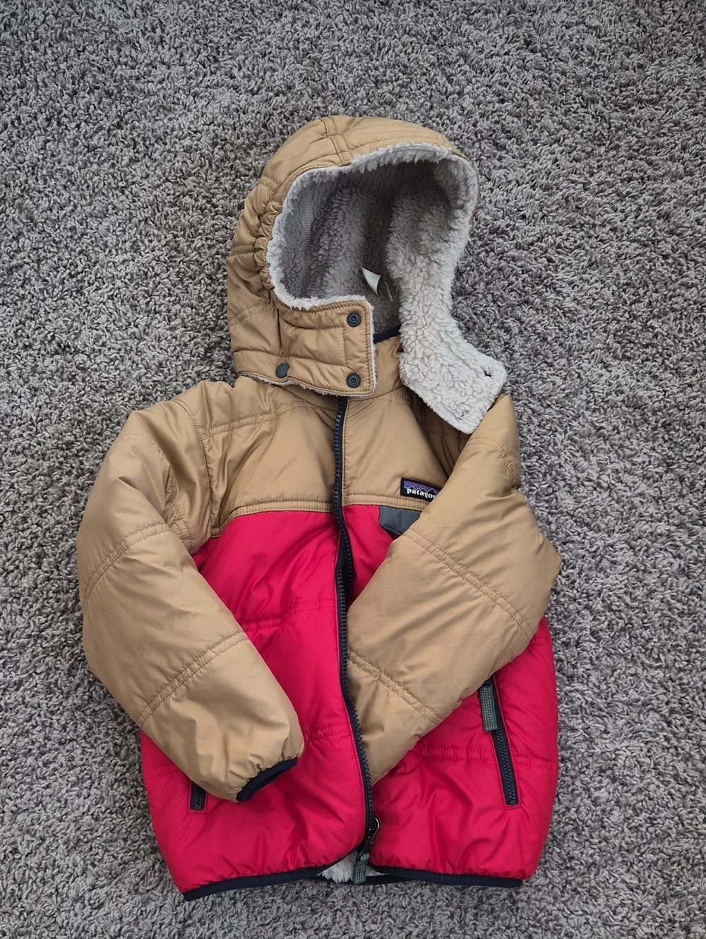 Patagonia Kids Tan and Red Hooded Sherpa-Lined Puffer Jacket